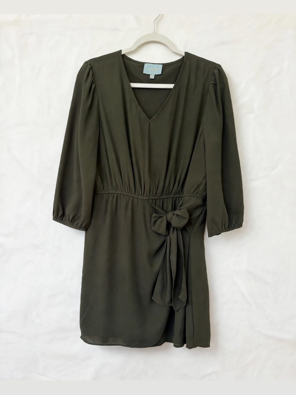 Olive Green Tie Waist V Neck Dress 3/4 Sleeve Size L